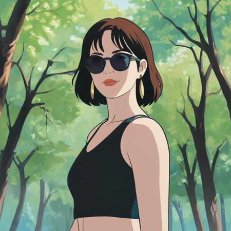 A portrait of a beautiful woman wearing sunglasses, StdGBRedmAF <lora:StudioGhibliRedmond-StdGBRedmAF:1>