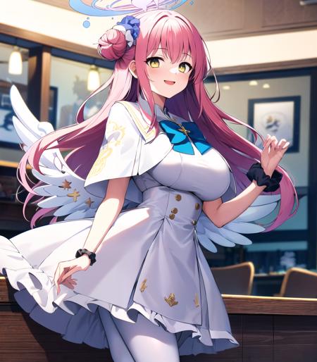 extremely best quality,ultra highly detailed,mika,1girl,cowboy shot:1.2,pink hair,long hair,yellow eyes,((white dress,single side bun,angel wings,wrist scrunchie,white capelet,white pantyhose,blue bowtie,halo,hair flower,large breasts)),smile,BREAK
highly detailed,indoor,cafe,romantic,blue sky,noon,looking at viewer,