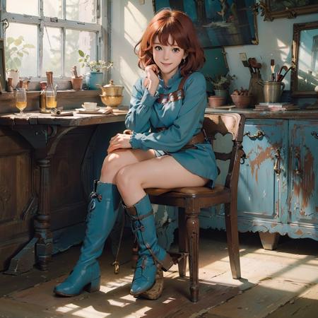 (masterpiece:1.4), (best qualit:1.4), (high resolution:1.4), 1girl, redhead, brown eyes, smile, Nausicaa, sit on a chair, no panties, high boot, colorful, full body,<lora:Nausicaa V0.5:0.8>, ghibli style