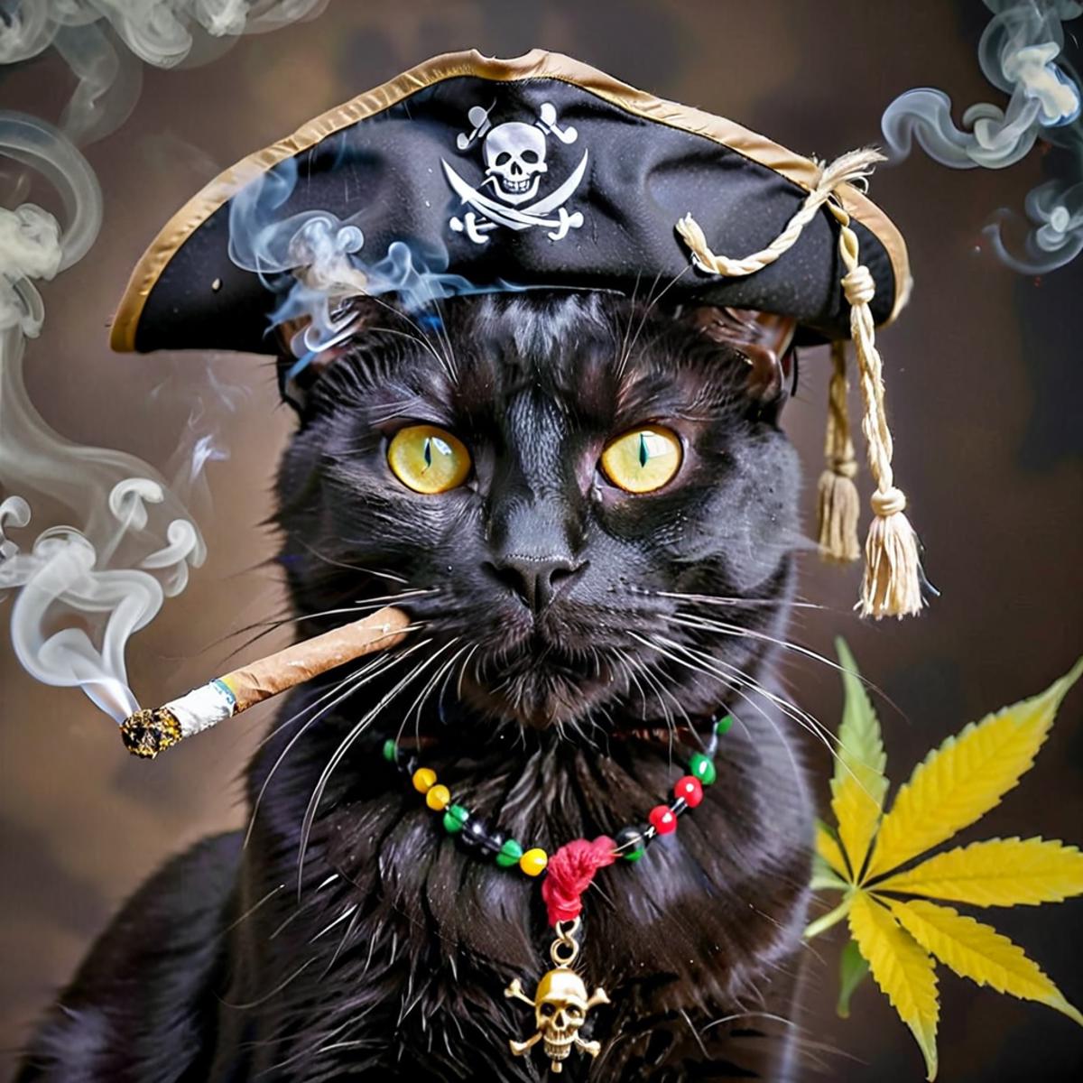 Black cat wearing a pirate hat and smoking a cigar.