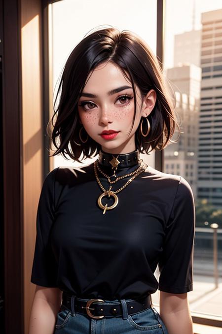 SFW,highest quality,woman,27 year old,backlighting, blurry background,blush,, ,metal slave collar with a big ring,earrings,forehead,freckles,hair,jewelry, hair,looking down,pointy nose, red lips glossy,shadow, full length,  Top to mid-chest, shorts, large neckline solo,thick eyebrows,thick eyelashes,upper body, very short hair,metal slave collar with a big ring, cuffs((masterpiece)),