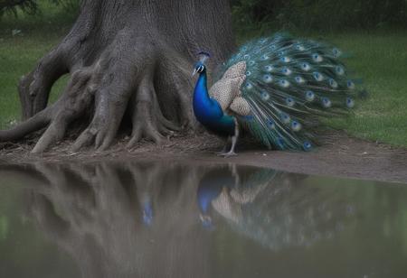 "A peacock standing proudly under a tree, 
unaware of the storm approaching, 
still admiring his reflection in the water."