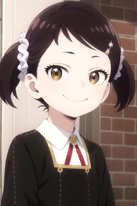 female child short hair,black hair,short twintails,star hair ornament,star (symbol),hairclip,hair scrunchie,white scrunchie,bangs,eyelashes,brown eyes eden academy school uniform neck ribbon,red ribbon,wing collar,collared shirt,white shirt,black dress,long sleeves,gold trim,black socks,mary janes