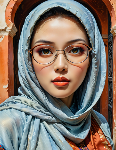 Ciafitteoil style impressionistic impasto painting, paint of a beautiful Asian-Russian lady wearing plain hijabista 
elegant pose with a glasses, details grey eyes and lashes, her plum lip and brown terracotta, standing at varanda,
 hue with vibrant, textured brushstrokes, Smooth Quality, ArsMJStyle, Colored pencil hyperdetailed realism, hyperkraximalism, <lora:clear:1>, 
<lora:FF.101.juggernautXL_version6Rundiffusion.LORA:0.7>, <lora:Hyperdetailed_Colored_Pencil:0.6>, 
<lora:SDXLDetailer:1>, <lora:hyperkraximalism_v1-1:0.7>