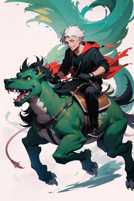 riding monster, white hair,old man, smile <lora:ridingmonster-000008:0.6> black gloves, black shirt, open green jacket