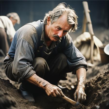 a old medieval farmer digging in the dirt, 1boy, grey hair, mustache,
analogue photography, natural light,
