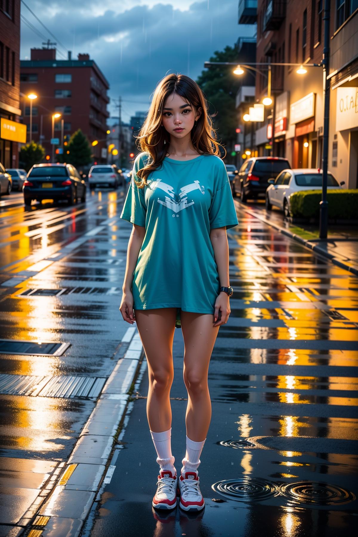 A woman wearing a teal shirt and white socks standing on a rain-soaked street.