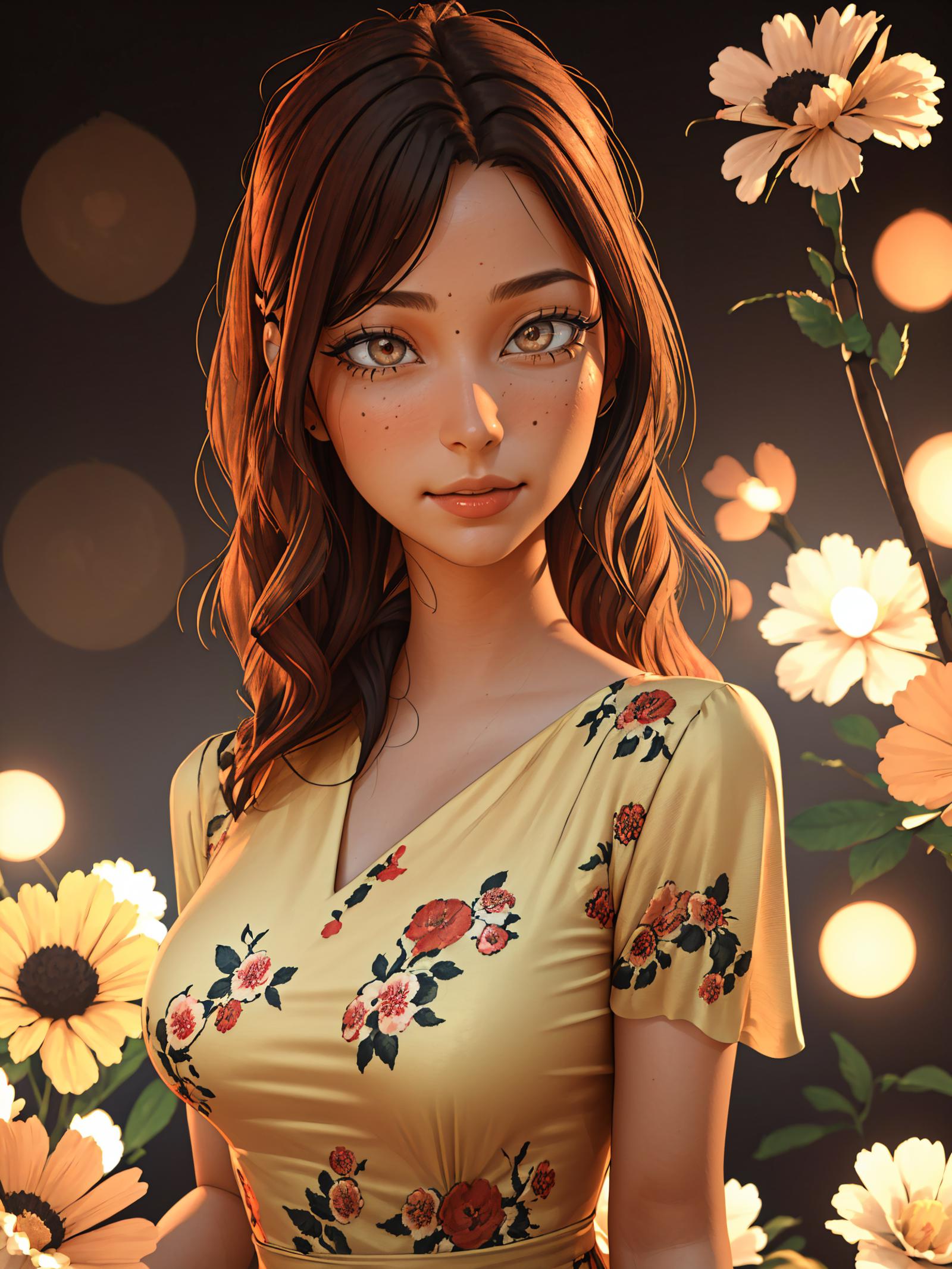 A 3D animated woman in a yellow dress with flowers on it stands in front of yellow flowers.
