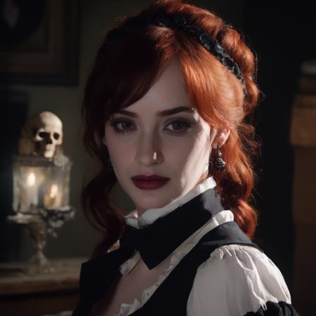 christina_hendricks,<lora:ChristinaHendricksXL:1.0>, A gothic woman living in a spooky house, tales of mystery and horror, pet raven, adventurous,a plaid skirt, white knee high socks, a red vest and a white shirt, black hair,
pony tail, a red ribbon with a skull-shaped bead, dim light, macabre atmosphere, palette [voilet|red|black|grey|white], (masterpiece, best quality, ultra-detailed, best shadow), high contrast, (best illumination), ((cinematic light)), colorful, hyper detail, dramatic light, intricate details, (1 girl, solo) , ultra detailed artistic photography, dreamy, backlit, shadows, ultra high definition, 8k, ultra sharp focus, ultra high quality model, soft lighting, film photography, analogue photography, hyperrealism,