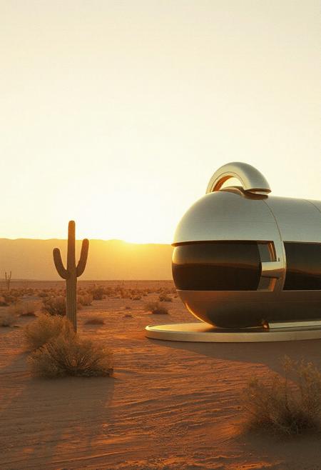 avant-garde, retro futurism , gold and chrome, daylight, california desert, 1970s, robert T, techno style