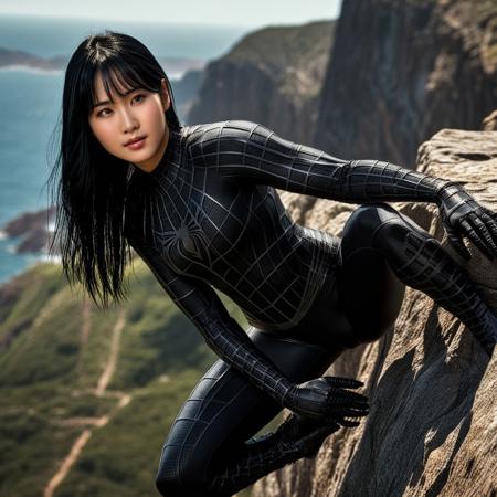 score_9, score_8_up, score_7_up, best quality, realistic, masterpiece, beautiful detail, hyperrealistic, ((1girl, woman body, large breast)), amazing detailed full body of a cute korean girl, cute face, wearing a realistic and highly detailed black raimi spider-man suit, ((defined muscular girl)), professional model wears ultra - detailed black raimi spider - man suit, ultra - detailed and grained black raimi spiderman suit, suit covered entire body and hand, black spiderman gloves, wet, (black hair, attraction, light smile), from side, climbing on a cliff, octane render, highly detailed, volumetric, dramatic lighting, (highest quality:1.1), (HDR:1.3), (top quality, best quality), realistic, high definition, cinematic scene, cinematic lighting, intricate detail skin and facial texture, lifelike expression, accurate character design, interesting and complex background details,