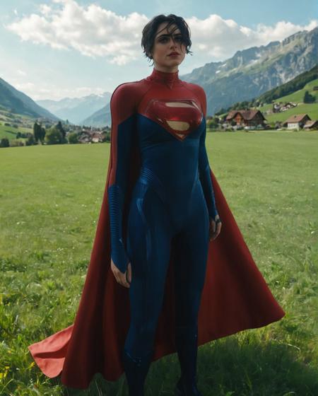 50mm lense 8k  portrait shot of solo  DCEU Sashe Calle Supergirl, <lora:Supergirl:1>, with a  cape she is standing  outdoor on Meadow Grassland of a village in Switzerland Valley. Sunny day, natural light over her body, hard shadows over her face, Day Time, Afternoon Time, 8k texture suit, 8k quality shot