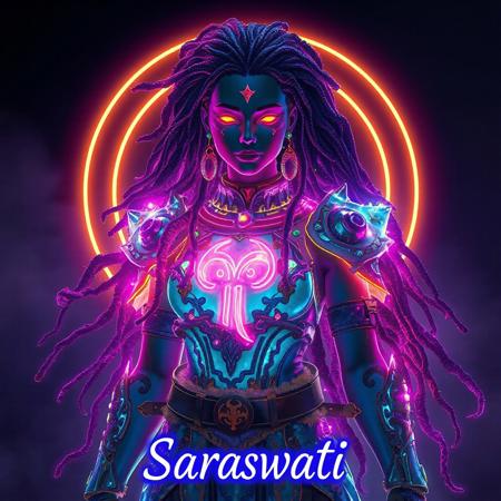 ansitions with the ethereal grace of the bioluminescent translucent fungus, Moss, and seaweed she embodies. Her body is adorned with a set of intricately crafted Bioluminescent translucent Virgo alexandrite colors zodiac armor, which casts a mesmerizing glow that outlines her form. The Virgo sign, prominent on her chest plate, pulses in vibrant neon colors, symbolizing her deep connection with the cosmos and the wisdom it holds. Her hair looks like Bioluminescent translucent roots, vines, fruit-steams, and wood Dreadlocks. Floating above her in majestic neon letters is her name, "Saraswati," illuminating the scene with an otherworldly presence. At the bottom of the picture, the word "kyōzon" is inscribed in neon colors, a subtle nod to the Japanese term for "hallucination," hinting at the surreal and fantastical nature of her existence. Her character sheet, displayed with 50 distinct and realistic fungi-based superpowers, adds a layer of depth and intrigue to her mystical aura. moody backdrop, contrasting with the vivid neon elements and emphasizing her as the focal point of the composition. The visual symphony of colors, textures, and forms come together to create a captivating portrayal of a powerful being that is both of this world and beyond it.