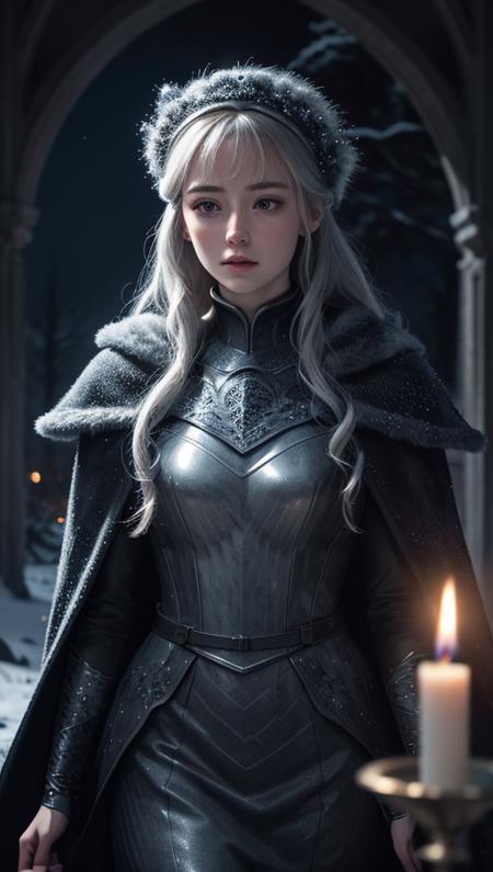 hyper detailed masterpiece, dynamic realistic digital art, awesome quality,candlelit exit,moonlight winterfell,pensive ingress depth of field (dof),cosmic web, wasting,cultural