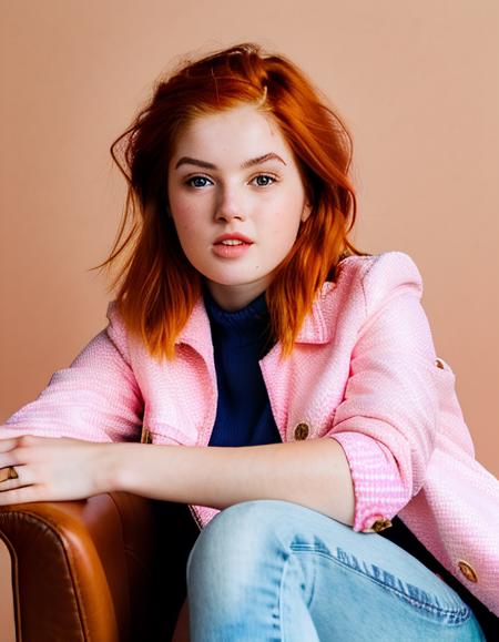 bamber1:99, lips parted, a photograph of a young lady in a white denim jacket with short light ginger hair, heavy eyelids, sitting on a leather chair, fair skin, teen face, masterpiece, (light red hair:1.2), face details, looking at viewer, lips parted (plain pink background), sharp focus
 