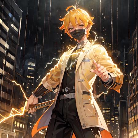 (((master piece))),((best quality)),((((city)))),detailed,1boy,solo,victorious pose, yellow hair,toothy grin,<lora:Zenitsu-06:0.9>, ultra detailed face,(rain),(((electricity))),mask, holding weapon,katana