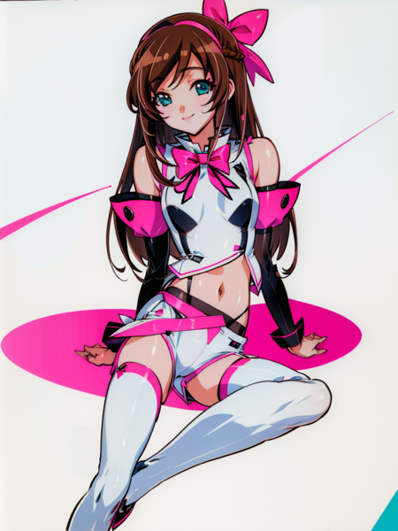 <lora:kuroda-30:1>sitting, smile, masterpiece, best quality, <lora:hll-5-merged-lora:1>kizuna ai, aqua eyes, brown hair, long hair, pink bow, skinny, small breasts, white vest, detached sleeves, midriff, white shorts, white thighhighs