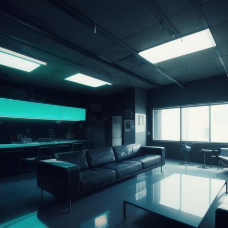 cyberpunk, neon, industrial design , modern, designer, house, mid-century style, 1970s \(style\), Le Corbusier, Ludwig Mies van der Rohe, nordic furniture