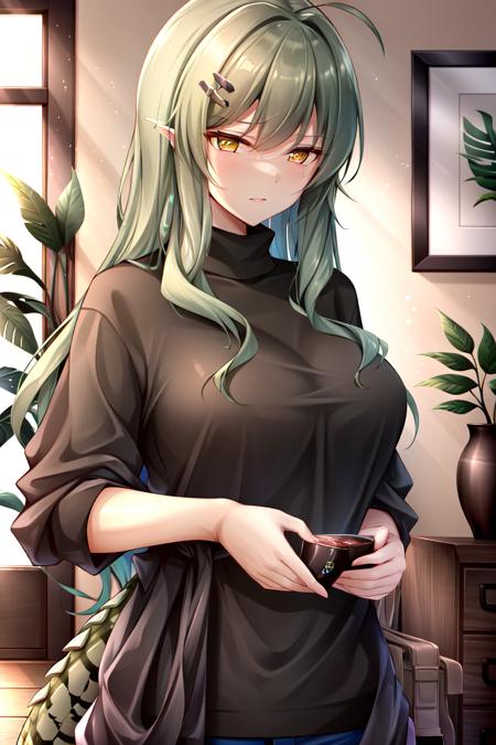 masterpiece, best quality, ultra-detailed, gavial, green hair, long hair, bangs, indoors, sweater, <lora:Gavial:0.8>