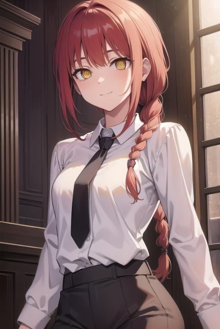 makima, <lora:chainsawmakima:1>,  makima, long hair, smile, bangs, (small breasts:1.2), (yellow eyes:1.2), braid, red hair, braided ponytail, ringed eyes, BREAK  shirt, long sleeves,  white shirt, necktie, collared shirt, pants, black pants, formal, suit, black necktie, shirt tucked in, office lady, BREAK indoors, office, BREAK looking at viewer, BREAK <lora:GoodHands-vanilla:1>, (masterpiece:1.2), best quality, high resolution, unity 8k wallpaper, (illustration:0.8), (beautiful detailed eyes:1.6), extremely detailed face, perfect lighting, extremely detailed CG, (perfect hands, perfect anatomy),