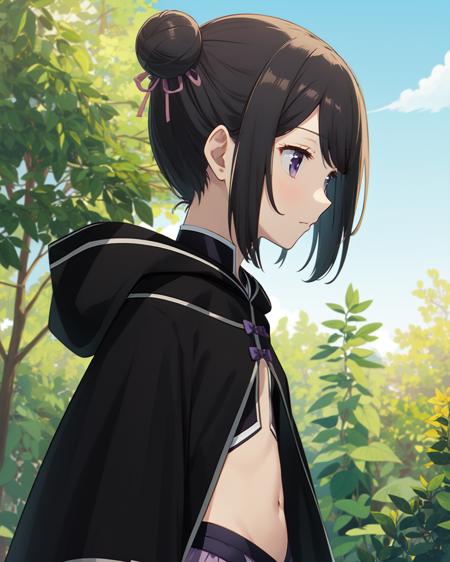 masterpiece, high quality, mgrckuroe, 1girl, side view, medium shot, upper body, purple eyes, black hair, black with white cropped jacket, crop top, black hooded cloak with white edgings, double bun, purple bowtie, blue with pink skirt, pink hairpins, outdoors, <lora:mgrckuroe-000010:0.8>