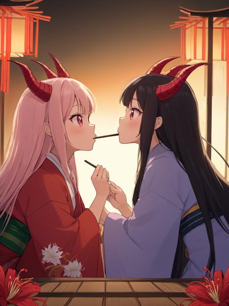 <lora:npc_xl_pocky:1>multiple girls, 2girls, from side,playing Pocky game, pocky, pocky day, food in mouth, shared food,
dragon horns, dragon wings, dragon tail, dragon girl, spider lily, japanese clothes,