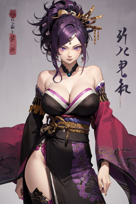 NohimeWarriors, 1girl, solo, large breasts, hair ornament, cleavage, bare shoulders, jewelry, purple eyes, purple hair, earrings, detached sleeves, japanese clothes, kimono, 