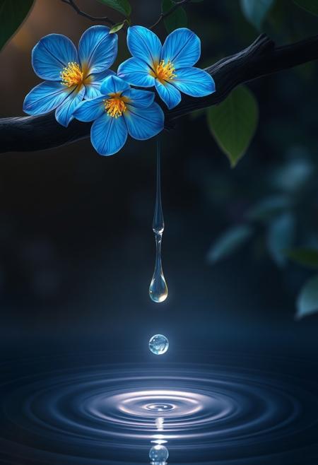 <lora:Anime_Scenery_style_v.1:0.8> AnimeScenery style. Three luminous rainbow blossoms float like starlight on a gnarled branch, their delicate petals glowing with soft gradients of sapphire and cerulean as golden stamens sparkle against the velvety shadows of a moonlit forest. Suspended beneath the lowest leaf, a crystal drop of dew descends in slow motion, just above a still, obsidian pool where gentle ripples radiate outward in concentric rings of pale light. The background fades into deep cobalt and indigo, with bokeh glimmers hinting at unseen foliage in a dreamlike haze. Rendered in ultra-high detail with a shallow depth of field and soft overhead lighting, the scene balances surreal botanical elegance with a quiet aquatic atmosphere. A complementary palette of cool blues and warm gold punctuates the darkness, while the composition's vertical symmetry draws the viewer's eye from blossom to droplet to ripple, creating a meditative, weightless moment frozen in enchanted stillness.