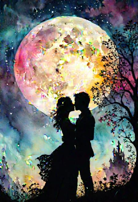 silhouette "a man and a woman":1.4  kissing in front of a full moon,
A silhouette of a castle is floating over the upper part of moon. (colorful Silhouettes of close up trees and flowers around the canvas). fairytale artwork, watercolor effect, in front of a pale full moon, still from a music video, grasping intricate filigree, or perhaps a fairy tale,realms, featured art, anthropomorphic. Splash effect in the background. masterpiece.