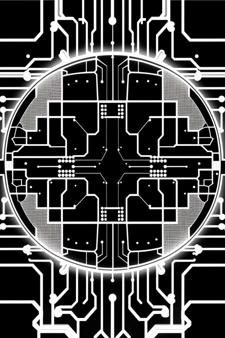 a computer circuit board with many circles and dots , white background, monochrome, comic, greyscale, gradient, no humans, lineart, dotted line  , cyberspace_background