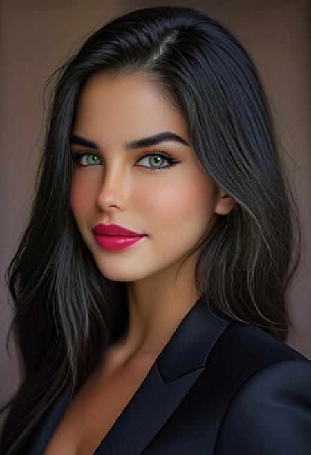 photorealistic, epic realism, (masterpiece), (Realistic photo), (High quality), (RAW photo 8k), (upper body), (Photography by Steve McCurry), incredibly absurdres, young, supermodel, 1girl, solo, ((upper body, portrait, looking at the viewer)), (outline defined full lips:1.4), (green/hazel eyes), perfect symmetrical eyes, long eyelashes, wearing a black modern designer (suit:1.4), (highly detailed, intricate), ((black hair:1.4), modern hairstyle, hair intakes, detailed long hair, (healthy hair, silky hair, voluminous hair)), ((natural, eyeliner, pink lipstick, seductive smiling expression, closed mouth, closed lips, highly detailed face)), (exceptional Detail Clarity, dynamic angle, DSLR, hyper-detailed), (fine details, sharp focus, depth of field).