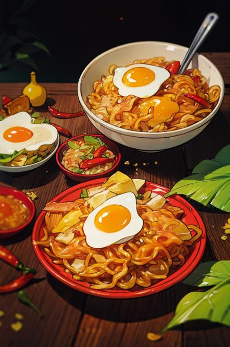 food, manga, miegoreng with egg fried and chilies on plate with banana leaf, ghible anime style, line art, wooden table, details, hot, soft focus, dramatic light, low ligt, blurry background <lora:ARWmiegoreng:1> <lora:add_detail:1> <lora:ghibli_style_offset:0.6>