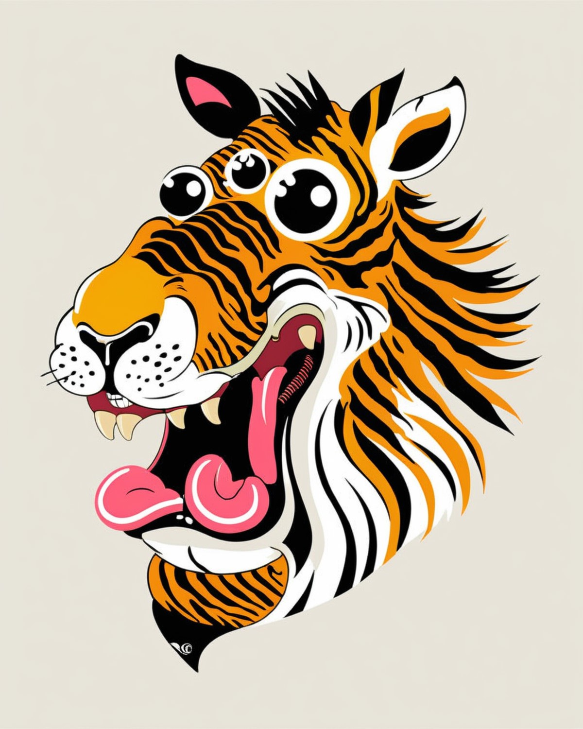 an illustration of a Zebra ,solo, open_mouth, simple_background, tongue, signature, tongue_out, no_humans, fangs, chinese_...