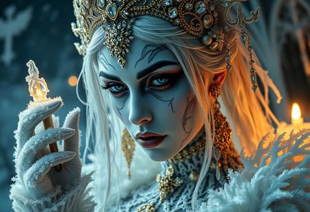 UHD Hyperrealistic (ice princess: 1.1), eerie ambiance, heavy gothic makeup, intricate details, fantasy horror concept, dark fairytale wonderland background, white and gold color palette, frost-covered elements, haunting atmosphere, sharp contrasts, deep shadows, photorealistic, ultra-detailed, enchanting yet sinister vibes, mesmerizing visual storytelling.