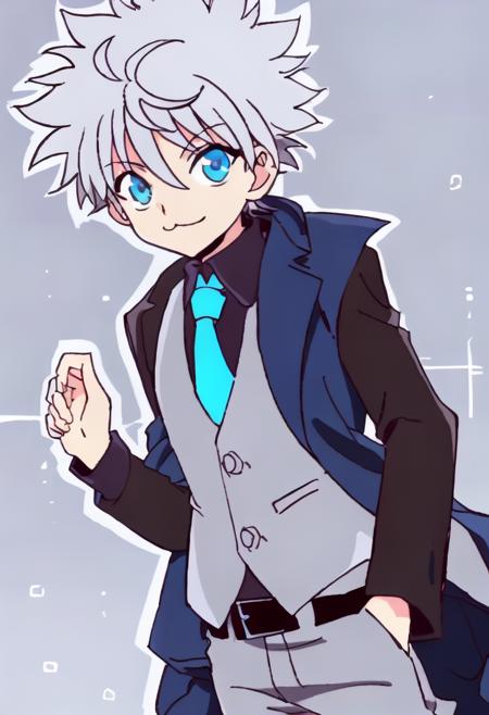 aullik, solo, looking at viewer, smile, short hair, bangs, blue eyes, simple background, shirt, long sleeves, 1boy, holding, hair between eyes, closed mouth, standing, jacket, monochrome, white hair, greyscale, male focus, cowboy shot, necktie, collared shirt, belt, pants, hand up, vest, black shirt, :3, formal, suit, spiked hair, messy hair, spot color, hand in pocket, blue necktie, holding clothes, male child, holding jacket