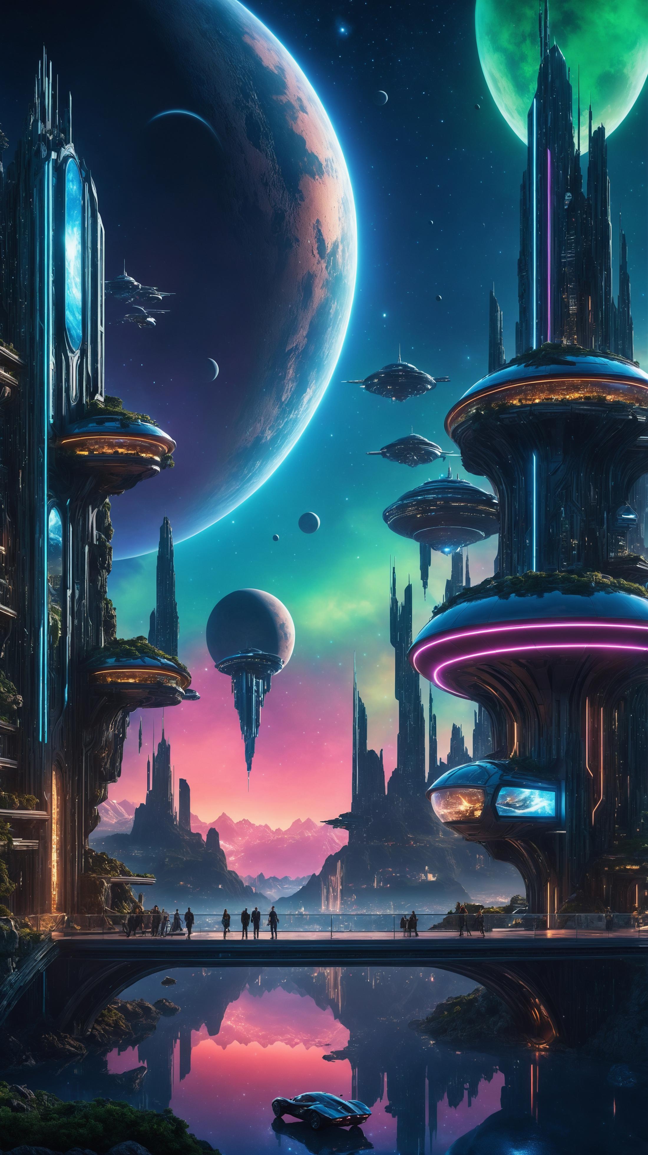 An Artistic Rendering of a Futuristic Space City with Several Alien Spacecrafts and Towers