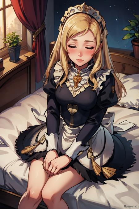 masterpiece, best quality, mathilda, fates maid, maid headdress, bedroom, looking at viewer, blushing, closed eyes, from above, sitting <lora:mathilda-nvwls-v1-000009:0.8>  <lora:FEFatesMaid_v1:1>