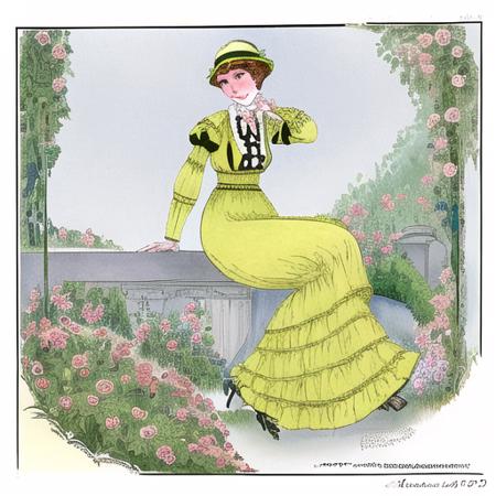 <lora:fashion:1> fashion plate, edwardian, 1914, 1910s, french, paris, yellow dress, ruffled dress, art nouveau, roses, flowers, pink flowers, garden, white background, natural, heels, 1girl, red hat, black belt, brunette, short hair, posed