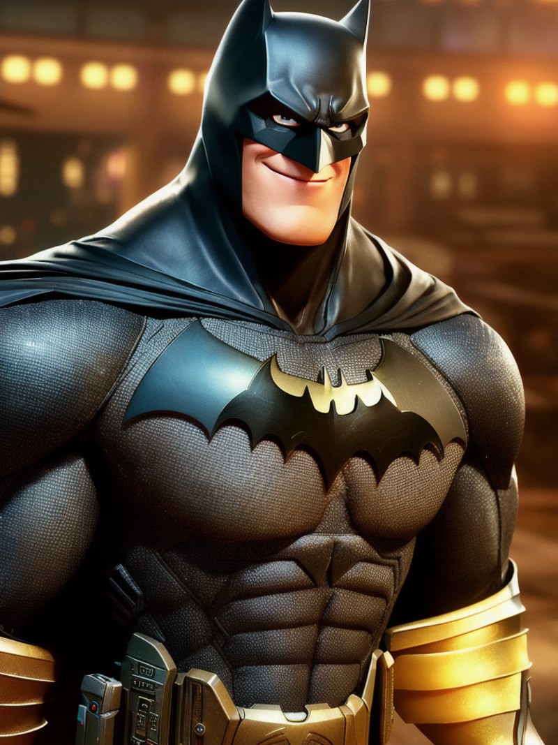 pixarstyle a waist-length portrait of a batman, smile, natural skin texture, 4k textures, hdr, intricate, highly detailed,...