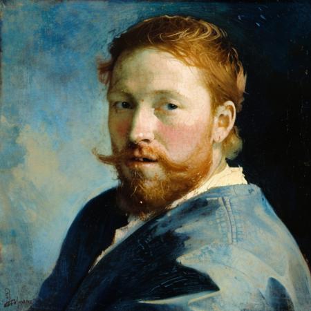 vermeer style, a painting of a man with a ginger beard and short ginger hair in a light blue coat, light blue background, closed mouth, <lora:vermeer-000010:0.8>