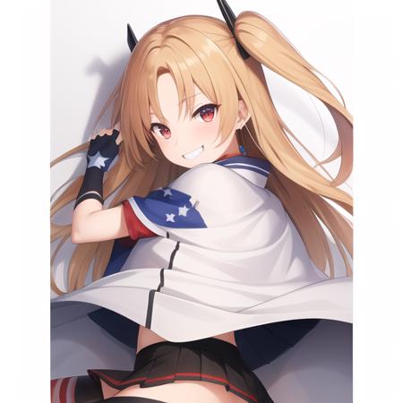 (masterpiece, best quality1.2),illustration,8k,hd,1girls,solo,upper body,(portrait:1.2),blonde_hair,long_hair,one_side_up,red_eyes,bangs,american_flag_legwear,black_gloves,fingerless_gloves,multicolored_legwear,pleated_skirt,skirt,socks,white_capelet,black_skirt,capelet,multicolored_clothes,kneehighs,miniskirt,grin,parted_bangs,flag_print,panties,star_\(symbol\),underwear,<lora:cleveland>,