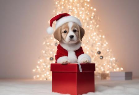 Sparkling lights Christmas background, 
cute baby puppy wearing Santa suit, 
gift box, 
emotional background photo, 
high quality background photo