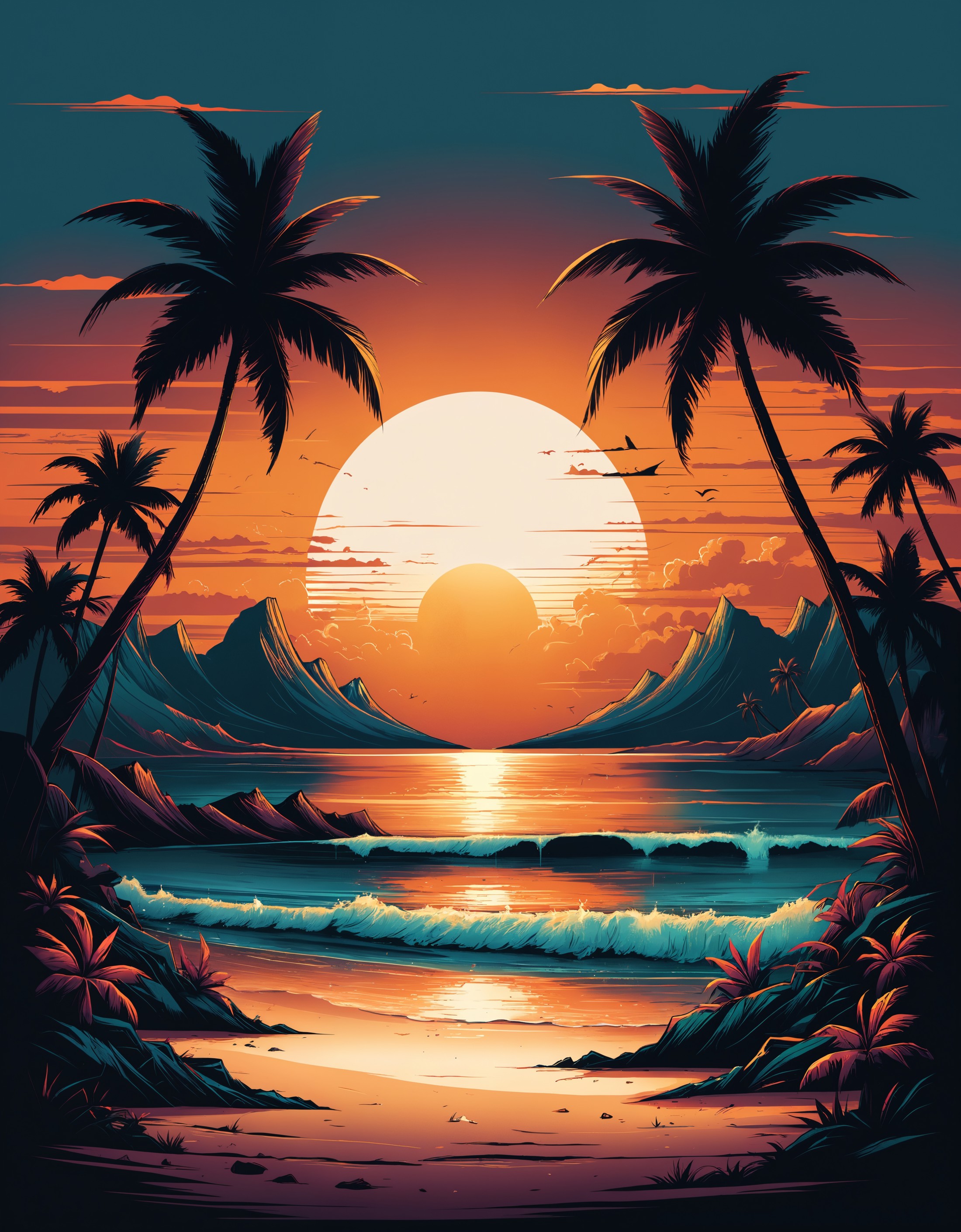musical tropical vector illustration of sunset on the beach, in the style of Dan Mumford, vintage aesthetics, compositions...