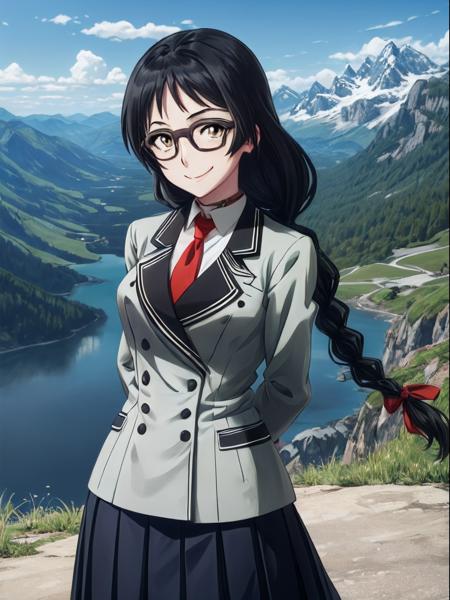 (exceptional, best aesthetic, new, newest, best quality, masterpiece, extremely detailed), 1girl, solo, kajouayame, glasses, braid, smile, smug, looking_at_viewer, tokioka_academy_uniform, long_skirt, arms_behind_back, mountainous_horizon