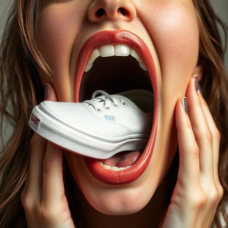 woman with her mouth open. there is a women's sneaker inside her mouth
(((all-white-canvas-women's-Vans-sneakers))), (((Vans-Authentic-sneakers))),