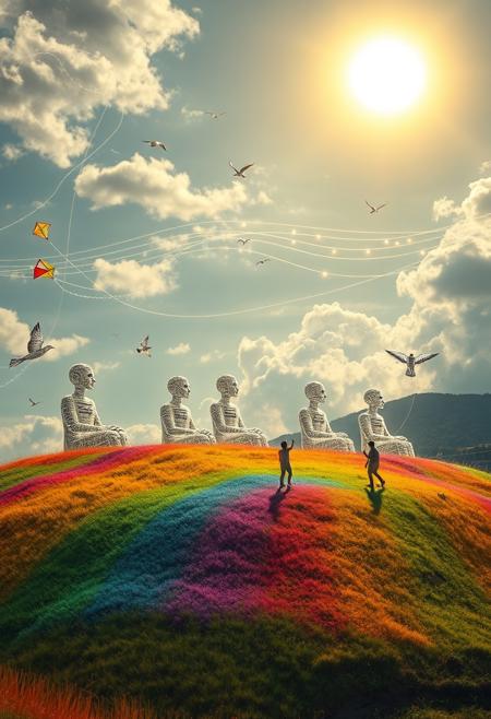 A lush hilltop covered in rainbow-colored grass hosts a peaceful gathering of enormous seated figures made of wireframe and light. Their heads are bowed in silent unity, and their skin is etched with ancient verses in various scripts. Children fly kites nearby, their strings glowing like drawn lines in the sky. Birds circle overhead in swirling patterns, and the clouds form soft, abstract shapes—hearts, spirals, and music symbols. The sun hangs low, casting golden halos over the land. Houses dot the hills below, their roofs painted like patchwork quilts. The whole image evokes a world where color and reflection live side by side in perfect, lyrical balance.