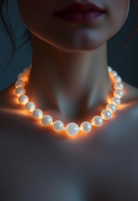 subdermal LED pearl necklace, (internal LED glow:1.7) forming a pearl-like pattern beneath the skin, (embedded LEDs:1.7) mimicking iconic pearl necklace design, soft glow radiating from beneath the collarbone, (pearl-like LED glow:1.6), (classic pearl jewelry design:1.5), natural skin tone with light diffusion, high-definition, (elegant pearls beneath the skin:1.5), ultra-realistic skin textures, (smooth radiant light transitions:1.5), refined and timeless, perfect for both formal and casual settings, (worn jewelry:-1.8), (visible necklace:-1.8), (clunky design:-1.5), seamless subdermal integration, high-resolution, glowing subdermal pearl accents, minimal external appearance, modern tech-enhanced beauty