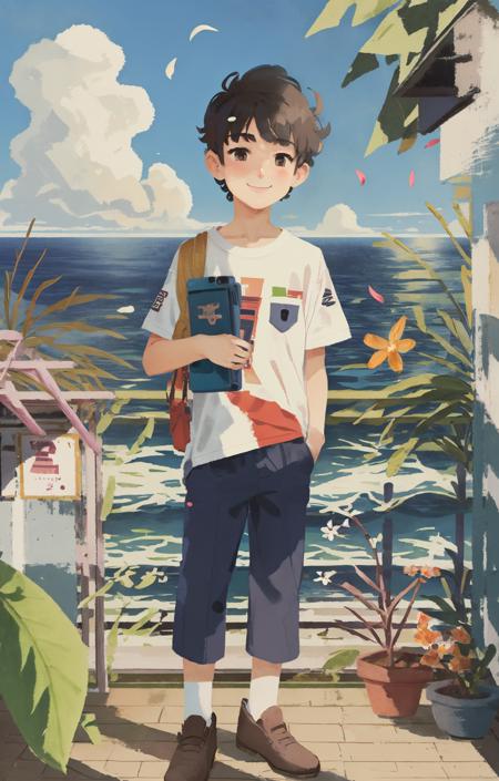 1boy, solo,  shirt, smile, ocean,  flowers, 
<lora:chahua_V1_bianping09HF:1>