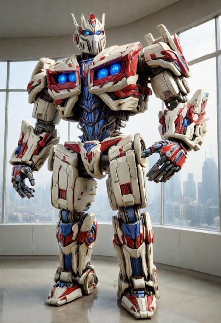 Biomechanical Style Admire this amazingly lifelike synthetic sculpture of a large Transformer Optimus Prime whose organic form has been expertly shaped to mimic the complex structure of a neural network. The city's backdrop, mechanical details set in a breathtaking pattern of tropophobia indentations, its flawless leather material crafted from gleaming white porcelain, reflects the soft glow of natural light, casting intricate shadows that reveal the stunning level of detail contained within. With incredibly sharp focus and hyper-realistic textures, this masterpiece pushes the boundaries of photorealism to previously unexplored heights. Every minute fold and crease has been painstakingly reproduced, a mixture of organic and mechanical elements, futuristic, cybernetic, detailed, intricate