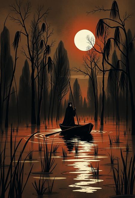 linquivera,  Ink illustration, (anime:0.5), brown tones, aged black red paper, inkpunk, moonlight,surreal, a ghost standing on a boat in swampy wetlands, (at a distance), Will-o'-the-wisp, moonlit, lonely, solitude, windy, tall trees, willows, willowy,  OverallDetail, extremely detailed, UHD,(long exposure , dystopian but extremely beautiful:1.4),<lora:- SDXL - letitflrsh_let_it_flourish_V1.0:0.8> ,<lora:Cute_Collectible:1>, <lora:XL_boss_battle:0.6>  <lora:add-detail-xl:1>,  <lora:Concept Art Twilight Style SDXL_LoRA_Pony Diffusion V6 XL:1>,  <lora:MJ52:1>